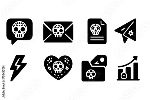 Dia de los muertos silhouette icon set. Mexican holiday, sugar skull symbols collection