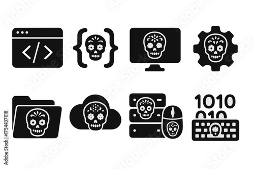 Day of the dead solid icon set. Coding, technology dia de los muertos icons.