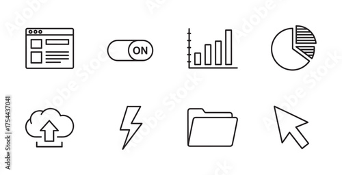 Eight black outline icons depicting a web browser window, an on/off toggle switch, a bar graph, a pie chart, a cloud upload symbol, a lightning bolt, a folder, and a cursor.
