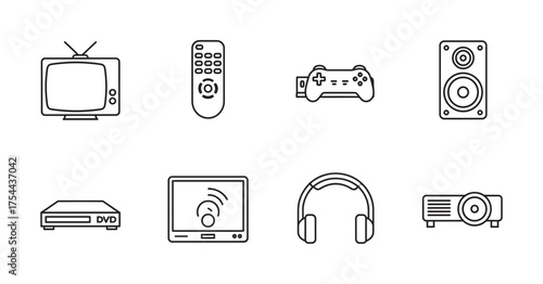Outline icons representing various electronic devices including a television, remote control, gaming controller, speaker, dvd player, computer monitor, headphones, and projector.
