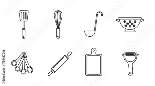 Black outline icons of common kitchen utensils including a spatula, whisk, ladle, colander, measuring spoons, rolling pin, cutting board, and peeler.