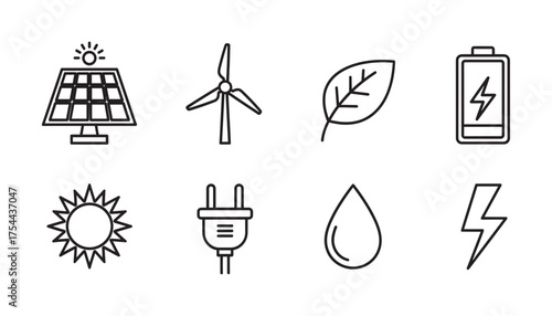 Assortment of black outline icons depicting renewable energy sources including a solar panel, wind turbine, leaf, battery, sun, plug, droplet, and lightning bolt.