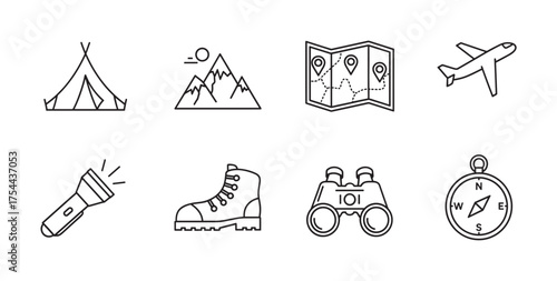 Black outline icons of eight outdoor adventure elements including camping tent, mountain, map, airplane, flashlight, boot, binoculars, and compass.