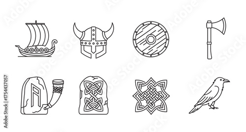 Black outline vector icons of viking symbols including a ship, helmet, shield, axe, horn, runestones, knot, and raven in a simple design.