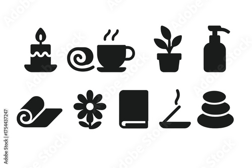 Wellness and relaxation solid icon set. Spa, yoga, meditation solid icons collection
