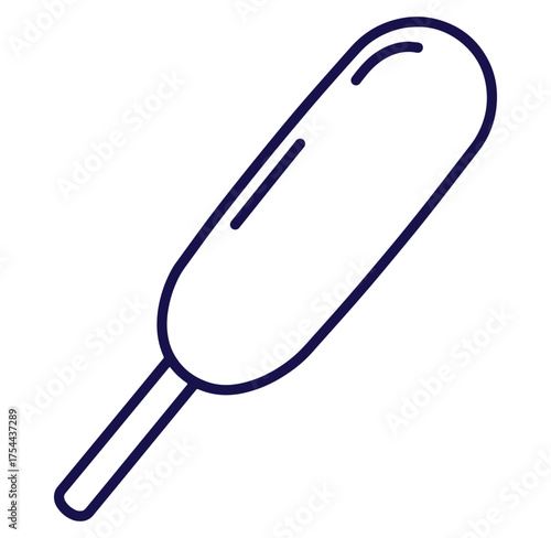 Simple dark blue outline illustration of a corn dog on a stick for design