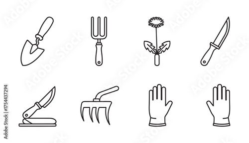 Black outline icons of various gardening tools including a trowel, hand fork, pruner, garden knife, pocket knife, rake, and gardening gloves.