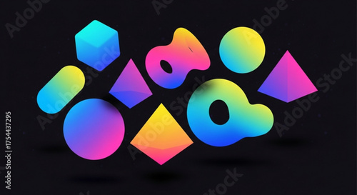 Abstract 3d geometric shapes with vibrant gradient colors floating against a dark background creating a modern and eyecatching design element