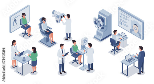 Ophthalmology clinic isometric design with eye exams and consultations