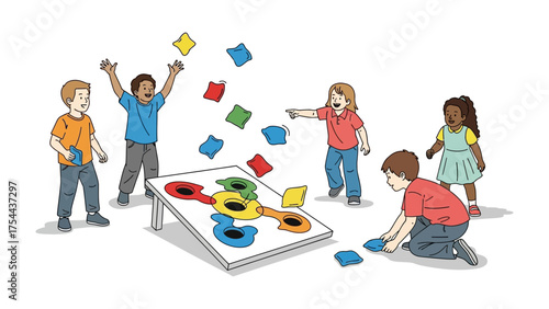 Children Playing Cornhole: A dynamic illustration of children engaged in a spirited cornhole game, with bean bags flying through the air and a target board as the focal point.