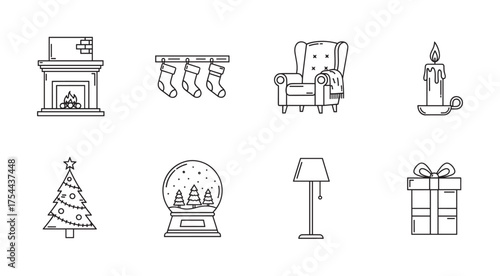 Black outline vector icons of cozy christmas elements including a fireplace, stockings, armchair, candle, christmas tree, snow globe, floor lamp, and gift box.
