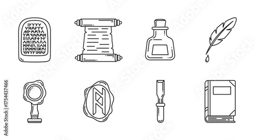 Black outline icons of ancient communication and writing tools including a tablet, scroll, ink bottle, quill, wax seal, and book.