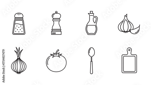 Simple black outline icons of kitchen items including a salt shaker, pepper mill, oil bottle, garlic bulb, onion, tomato, spoon, and cutting board.
