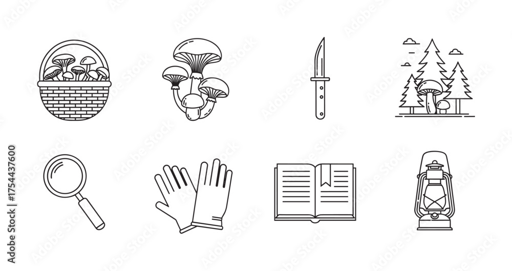 Fototapeta premium Simple black outline icons of essential foraging tools and symbols, including a basket, mushrooms, knife, trees, magnifying glass, gloves, book, and lantern.