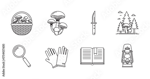 Simple black outline icons of essential foraging tools and symbols, including a basket, mushrooms, knife, trees, magnifying glass, gloves, book, and lantern.