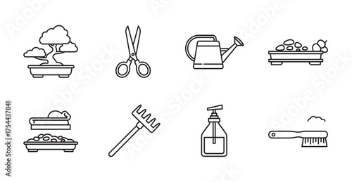 Set of eight black outline icons depicting bonsai care tools including scissors, watering can, rake, soap dispenser, and various trays for gardening.