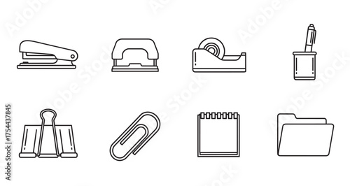 Black outline icons of various office supplies including a stapler, hole puncher, tape dispenser, pen holder, binder clip, paper clip, notepad, and folder.