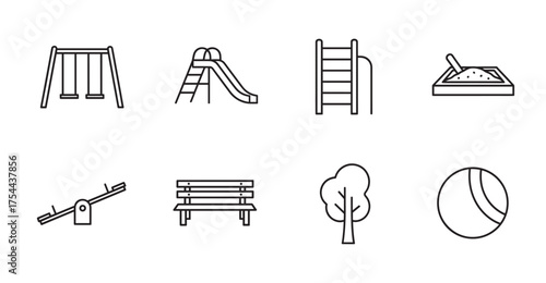 Black outline icons depicting various playground equipment including a swing set, slide, climbing frame, sandbox, seesaw, bench, tree, and ball.