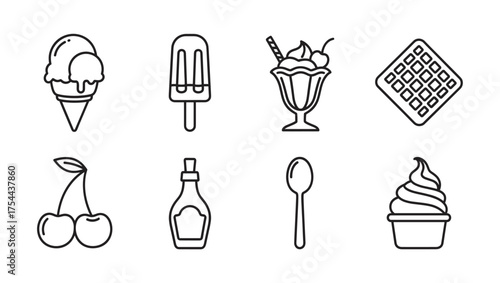 Black outline icons of various desserts, including ice cream, popsicle, sundae, waffle, cherries, syrup bottle, spoon, and soft serve cup.