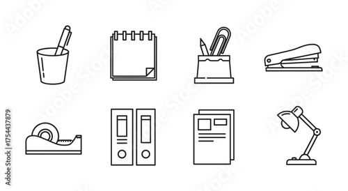 Black outline vector icons of various office supplies including a pen holder, notebook, stapler, tape dispenser, binders, documents, and a desk lamp.