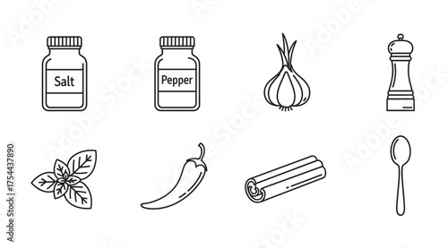 Black outline icon set of cooking ingredients, including salt, pepper, garlic, pepper mill, basil leaves, chili pepper, cinnamon stick, and a spoon.