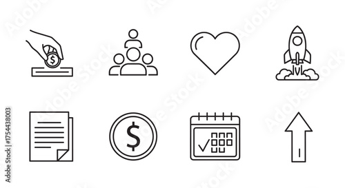 Minimalistic black outline icons including a hand placing a coin, group of people, heart, rocket launch, document, dollar coin, calendar, and upward arrow.