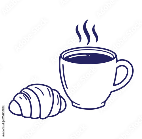 Simple illustration of a steaming coffee cup and a delicious fresh croissant together.