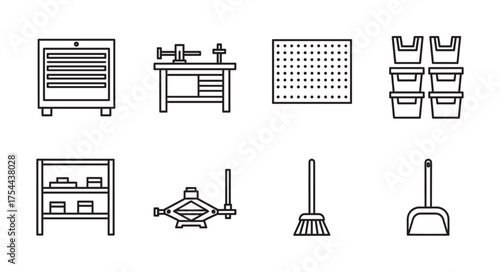 Black outline icons of various garage and workshop tools including a storage cabinet, workbench, pegboard, bins, shelf, clamp, broom, and dustpan.
