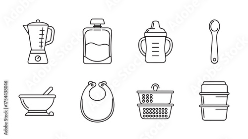Black outline icons of baby food-related items including blender, pouch, bottle, spoon, bowl, bib, colander, and storage containers.