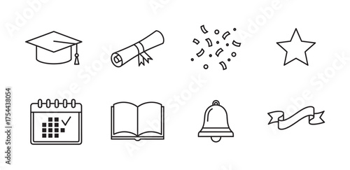 Black outline icons representing graduation cap, diploma scroll, confetti, star, calendar with checkmark, open book, bell, and ribbon for education and celebration themes.