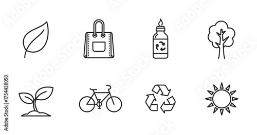 Collection of eight simple eco-friendly icons including a leaf, reusable bag, recycling bottle, tree, sprout, bicycle, recycling symbol, and sun.