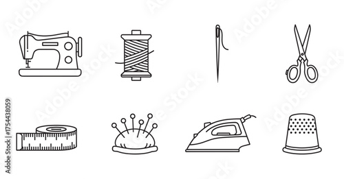 Black outline icons of sewing tools including a sewing machine, spool of thread, needle, scissors, measuring tape, pincushion, iron, and thimble.