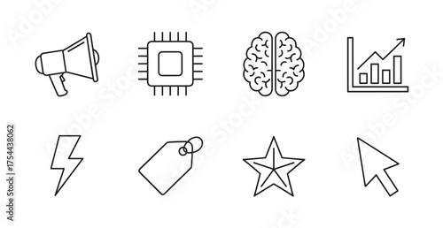 Black outline icons depicting a megaphone, computer chip, brain, bar chart, lightning bolt, price tag, star, and arrow cursor, representing various concepts.