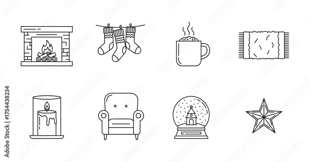 Naklejka premium Black outline icons depicting cozy winter elements including a fireplace, hanging socks, a steaming mug, a woven mat, a lit candle, an armchair, a snow globe, and a star decoration.
