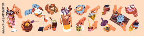 Set of female hands with cups of hot drinks. Women holding glasses of bubble tea, teacups of herbal beverages and mugs of coffee. Girls with matcha, bombilla. Flat isolated vector illustrations