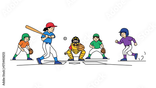 Baseball Game in Action: A group of young athletes is engrossed in a dynamic baseball match, showcasing the thrill of the sport with a batter at bat and a catcher poised.