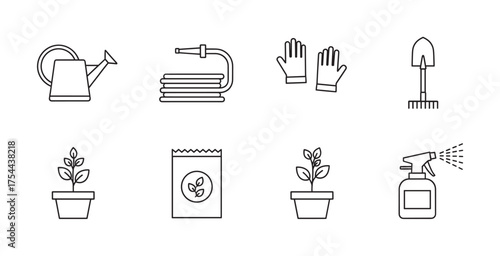 Black outline vector icons of gardening tools including watering can, hose, gloves, rake, potted plants, fertilizer bag, and spray bottle. minimal linear illustrations for gardening concepts.