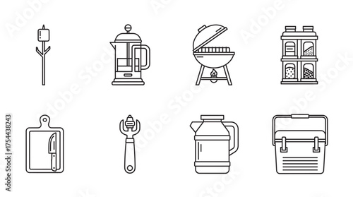 Black outline vector icons of outdoor cooking tools including a skewer, french press, grill, smoker, cutting board, peeler, jug, and cooler.