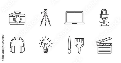 Black outline icons of a camera, tripod, laptop, microphone, headphones, light bulb, paintbrush, and clapperboard, symbolizing various creative activities.