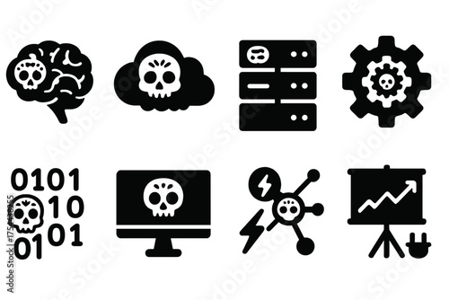 Cybersecurity threat silhouette icon set. Network security and hacking symbols.