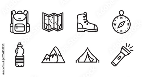 Black outline icons of camping gear including a backpack, map, boot, compass, water bottle, mountains, tent, and flashlight.
