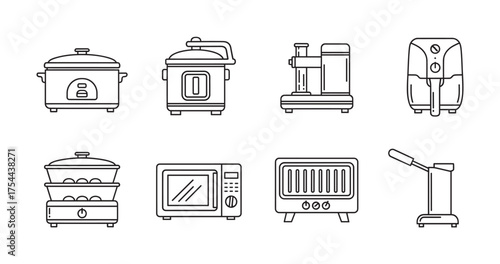Black outline icons of various kitchen appliances including a slow cooker, pressure cooker, espresso machine, air fryer, steamer, microwave, toaster oven, and immersion blender.