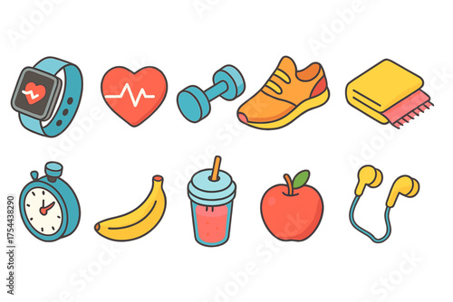 Fitness and health filled icon set. Exercise, nutrition filled icons collection
