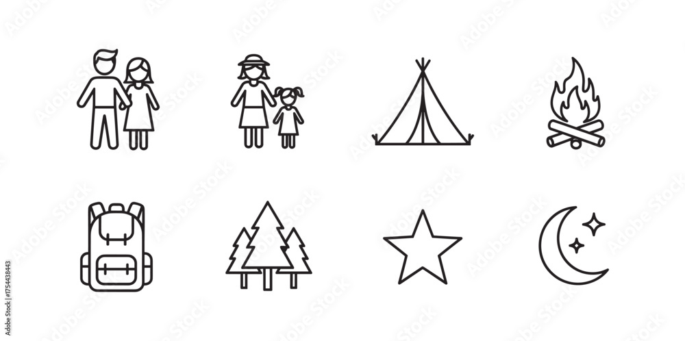 Fototapeta premium Black outline icons depicting a family, camping tent, campfire, backpack, trees, star, and crescent moon, illustrating camping and adventure themes.