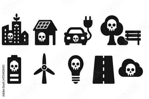 Environmental hazard silhouette icon set. Pollution, danger symbols collection.