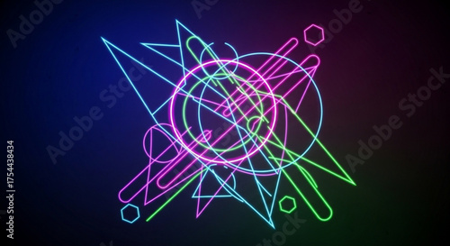A vibrant neon geometric design featuring circles, triangles, and hexagons in pink, green, and blue, creating a modern and eyecatching abstract composition