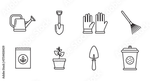Set of eight black outline gardening icons, including watering can, shovel, gloves, rake, seed packet, potted plant, trowel, and compost bin.