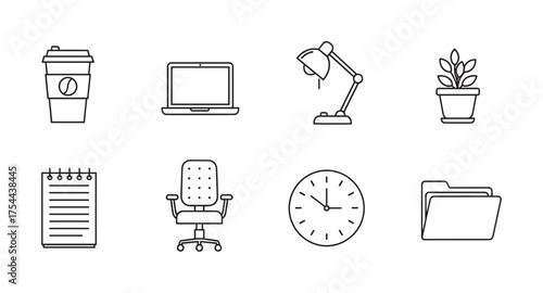 Black outline icons of office items including a coffee cup, laptop, desk lamp, plant, notepad, office chair, clock, and file folder.