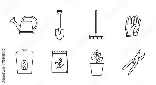 Eight black outline gardening tools including a watering can, shovel, rake, gloves, compost bin, seed packet, potted plant, and pruning shears arranged in two rows.