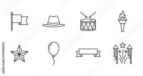 Collection of eight black outline icons representing a flag, hat, drum, torch, star, balloon, banner, and fireworks. each symbol conveys themes of celebration and festivity.